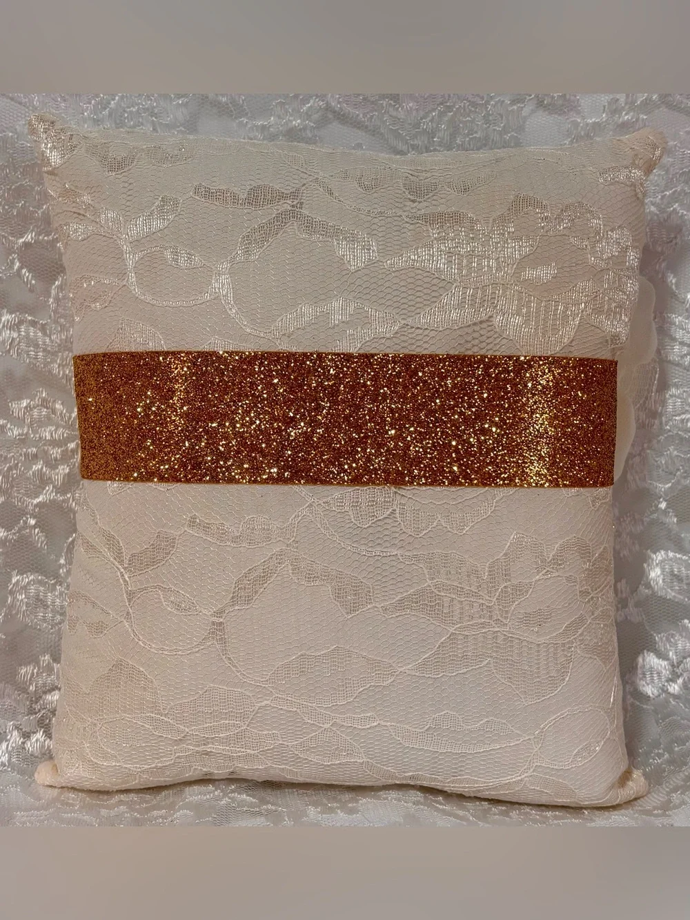 🌸 Handmade Ivory, Cream and Gold Ring Pillow and Flower Basket